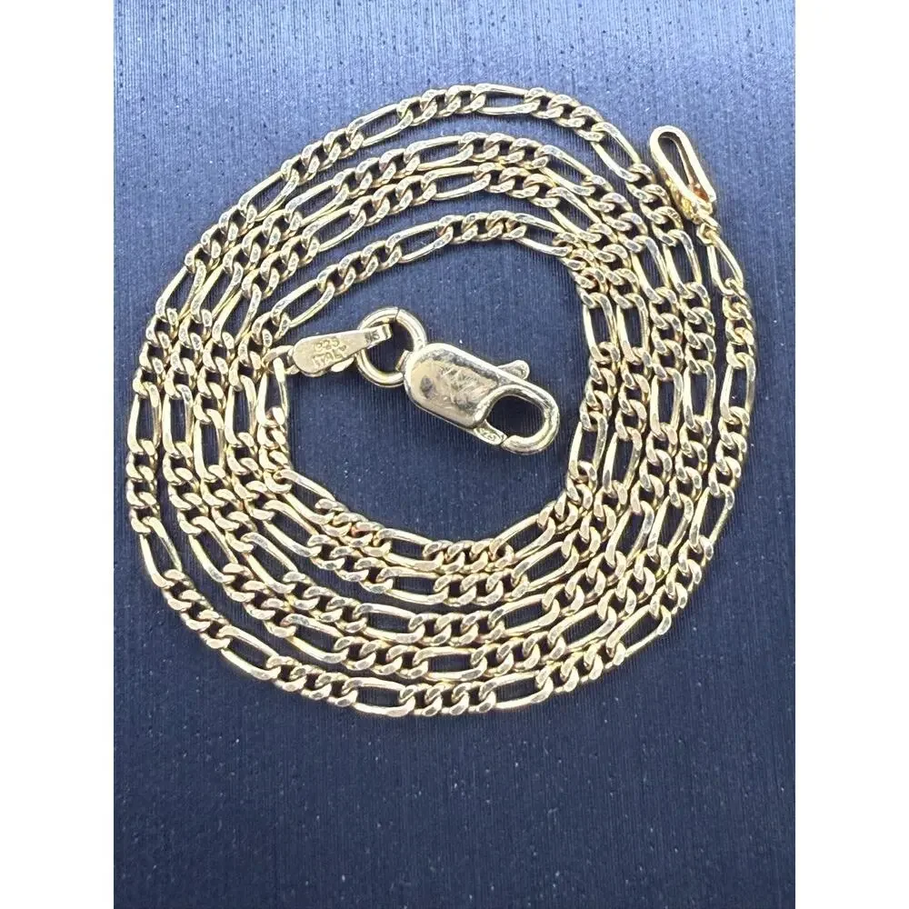 Gold Over Solid Italian 925 Sterling Silver Figaro Chain 16” Long 2mm Wide
